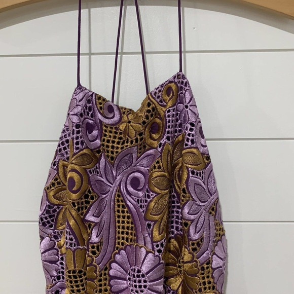 Anthropologie | Mini Dress Purple Gold Embroidered Halter Back- Size 4 Petite - Picture 3 of 15